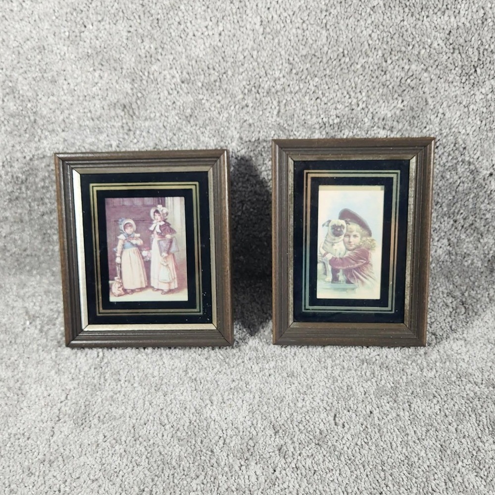George Nathan Framed Art Prints Brown Victorian Children Pug Vintage‎ Set
